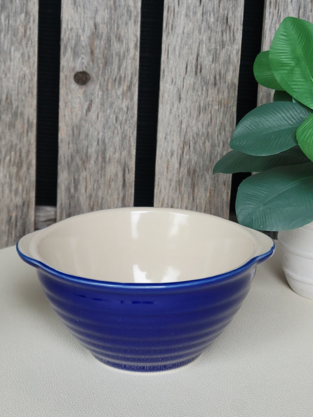 Blue Ceramic Mixing Bowl with Cream Interior